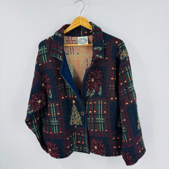 Sugar Street Weavers Tapestry Christmas Jacket Poinsettias Plaid One Size - Picture 1 of 10